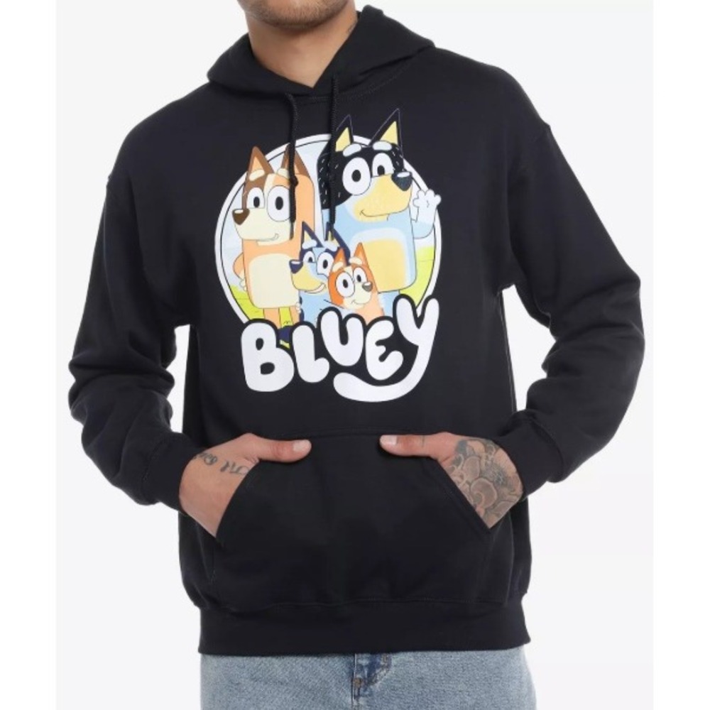 Hot Topic Bluey Family Hoodie Black Men's Medium Kangaroo Pocket Cartoon Kidcore
